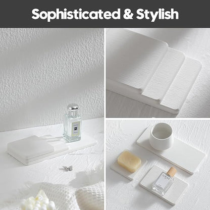 Razborci 3PCS Bathroom Sink Vanity Trays, Quick Stone Drying Mat Dish Soap Dispenser Sponge Holder for Kitchen Counter, Diatomaceous Earth Water Absorbing Caddy Organizer, White