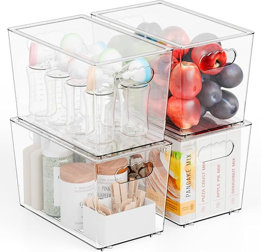 Yieach 4 Pack Large Stackable Clear Storage Bins with Lids,BPA FREE Pantry Organizers and Storage with Handle,Plastic Containers Organization and Storage for Kitchen,Refrigerator,Closet Organization