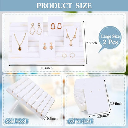 Marsui 62 Pcs Wood Earring Display Stand Earring Card Display 2 Sets of Holder with Cards Jewelry Stands for Selling