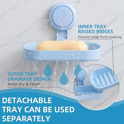 LEVERLOC Soap Dish Holder for Shower Suction Cup Wall Mounted Self Draining NO-Drilling Removable Bar Soap Sponge Holder for Bathroom Bathtub Kitchen Sink Waterproof Strong Vacuum Suction, Blue