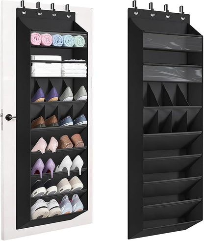 Over The Door Shoe Organizer - Heavy Duty 14-Pocket Hanging Shoe Organizer with Large-Deep Pockets for Boots/Sneakers, Space-Saving Behind Door Storage for Closet, Nursery, RV, Dorm (Black)