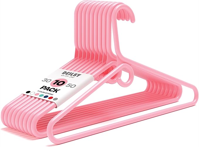 DEILSY™ Pink Heavy Duty Hangers with Hooks for Scarves & Belts – Thick and Strong Clothes Hangers for Shirts, Jackets, Pants, and Dresses – Space-Saving Plastic Hangers – Pack of 10