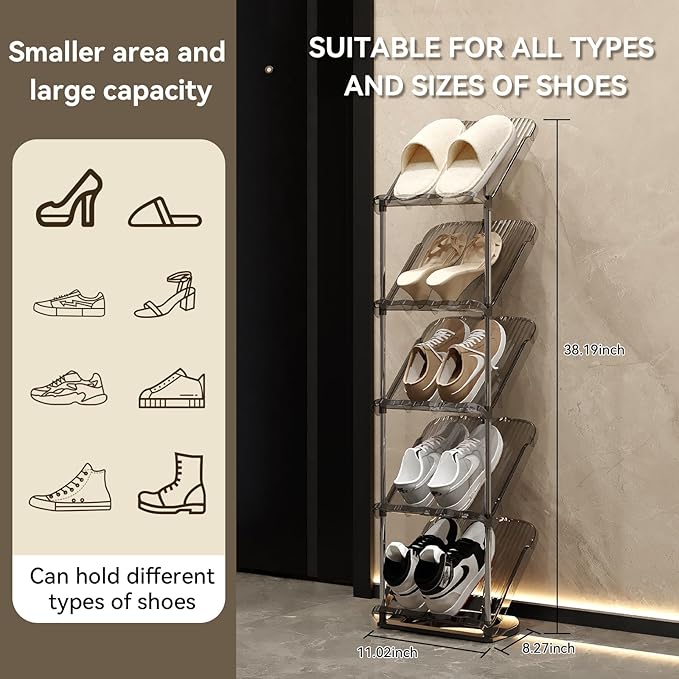 YYW Narrow Shoe Rack Vertical Shoes Rack for Entryway Corner Shoe Storage Organizer for Small Spaces Transparently Tall Slim Shoe Shelf for Front Door Entrance Living Room Grey 5 Layers