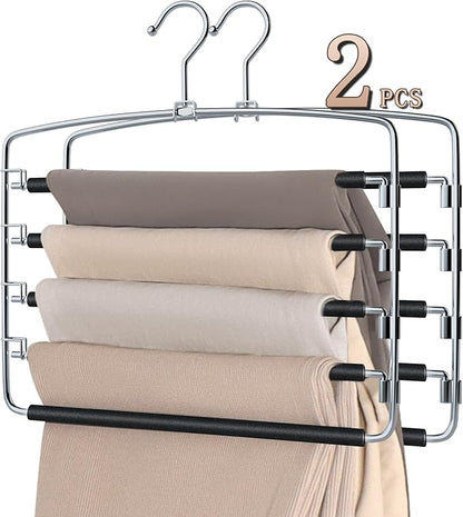 SINDAX Pants Hangers Space Saving - 2Pack, 5 Layers Space Saving Hangers, Sturdy Stainless Steel Pant Rack with Anti-Slip Swing Arm, Closet Organizers and Storage for Trousers Jeans