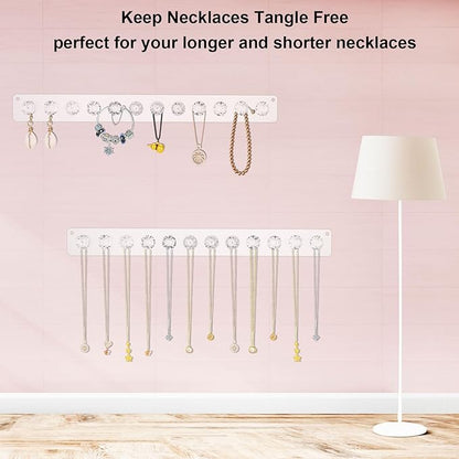 2Pcs Wall Necklace Holder for Women, Hanging Jewelry Organizer Wall Mount Crystal Holder Necklace Wall Hanger, Acrylic Bracelet Holder Organizer Jewelry Rack Adhesive Hooks Necklace Storage