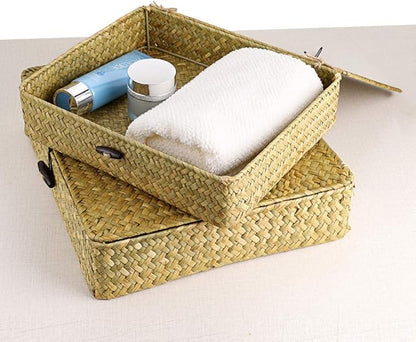 Hipiwe Natural Seagrass Storage Bins with Lid, Woven Wicker Basket Boxes Home Organizer Bins Shelf Organizer Box,Set of 2