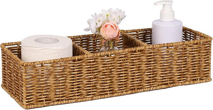 Wicker Toilet Paper Basket: 3 Water-resistant Compartments Organizer - Extra-Large Storage for Bulk Rolls & Toiletries (Farmhouse & Scandinavian, Tan)