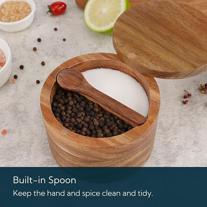 KITCHENDAO Acacia Wood Salt and Pepper Bowl Box, Built-in Spoon, Two Compartments Spice Seasoning Container, Sea Salt Cellar Holder, Magnetic Swivel Lid, Dual 5oz Capacity