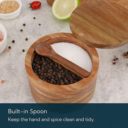 KITCHENDAO Acacia Wood Salt and Pepper Bowl Box, Built-in Spoon, Two Compartments Spice Seasoning Container, Sea Salt Cellar Holder, Magnetic Swivel Lid, Dual 5oz Capacity