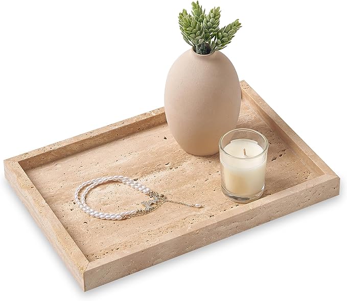 Large Travertine Vanity Tray, Luxury Stone Organizer for Bathroom & Kitchen Counter | Holds Soap Dispenser, Jewelry, Perfume Bottles | Non-Resin, Non-Ceramic Décor