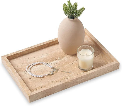 Large Travertine Vanity Tray, Luxury Stone Organizer for Bathroom & Kitchen Counter | Holds Soap Dispenser, Jewelry, Perfume Bottles | Non-Resin, Non-Ceramic Décor