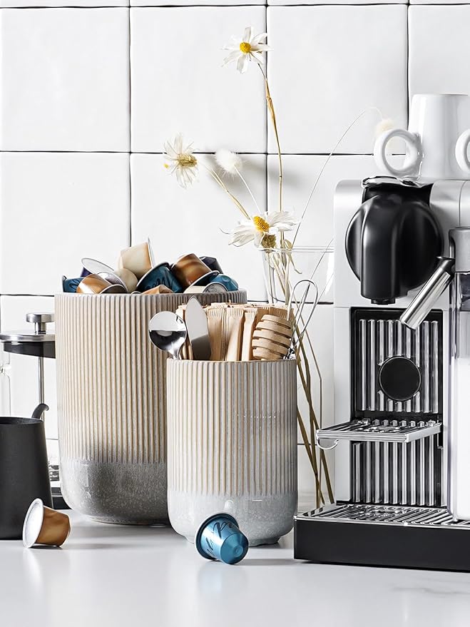 LE TAUCI Utensil Holder for Kitchen Counter, 7.3"+5.4" Fluted Ceramic Utensil Crock Organizer for Countertop, Heavy Large Holder for Spatulas, Spoons, Set of 2, Gray Marble