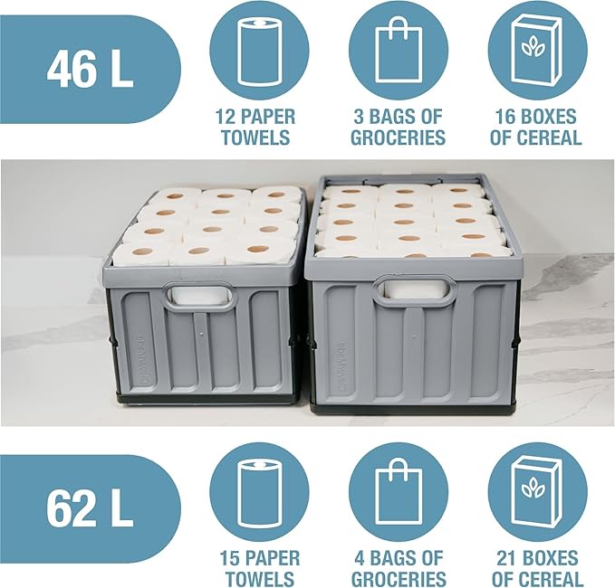 CleverMade Collapsible Storage Bins with Lids, 62L – Heavy Duty Foldable Plastic Storage Crates for Garage, Closet & Trunk Organization - Stone