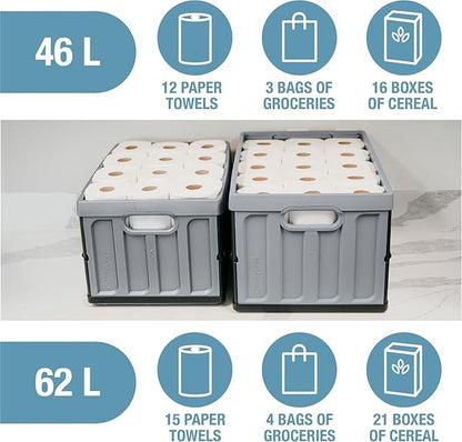 CleverMade Collapsible Storage Bins with Lids, 62L – Heavy Duty Foldable Plastic Storage Crates for Garage, Closet & Trunk Organization - Stone