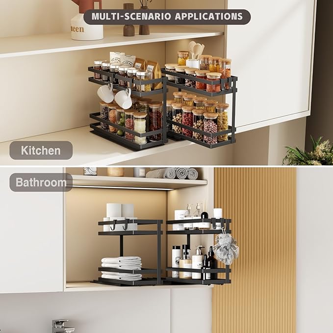 Magheo Pull Out Spice Rack Organizer for Cabinet, 1 Pack Metal Seasoning Organizer Slide Out Spice Storage Shelf No Assembly Vertical Spice Rack Pullout for Kitchen & Bahthroom No Drill(2 Tier,Black)