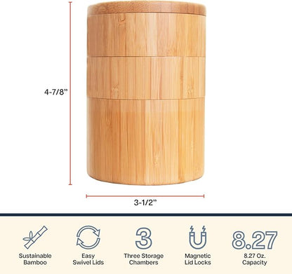 Totally Bamboo Triple Salt Cellar – 3 Tier Bamboo Salt and Pepper Storage Box with Magnetic Swivel Lids, Seasoning Holder for Salt, Herbs, and Spices, 1⅓ Cup Capacity