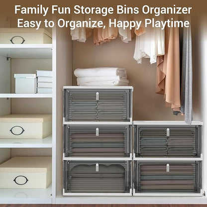 Storage Bins with Lids,4 Tier Stackable Storage Bins with Drawers,4 Pack Collapsible Plastic Boxes with Wheel-1 Lid,23QT Foldable Containers for Closet Living Room Bedroom Office(Grey)