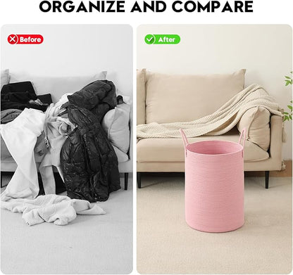 Laundry Basket Hamper Tall Rope Storage Woven for Blanket toys Dirty Clothes in Living Room Bathroom Bedroom (Pink, 100L/26.4Gal)