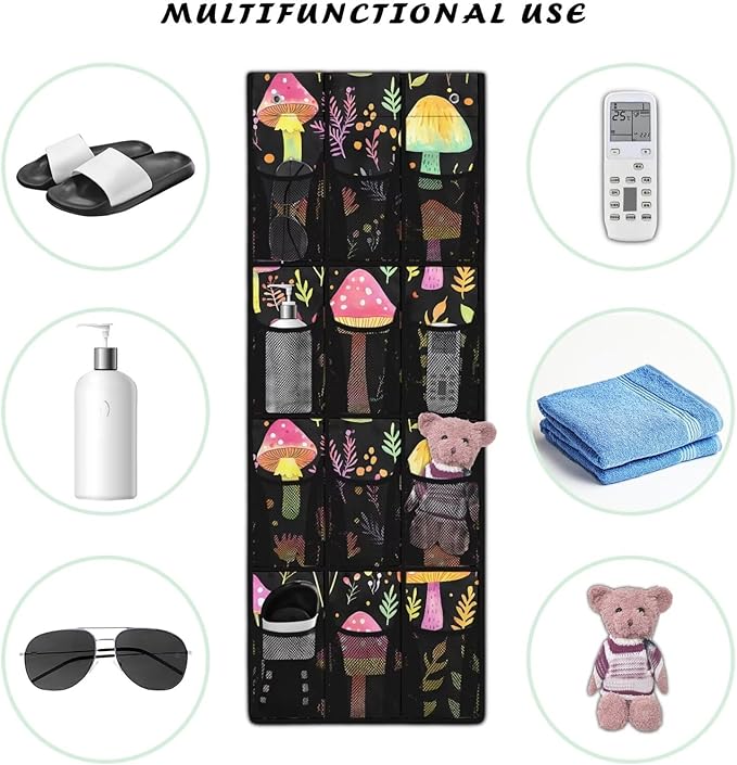 Mushrooms Over the Door Dorm Hanging Organizer - Space Saving 12 Pockets for Stationery, Snacks for Kitchen, Office, Dorm Rooms