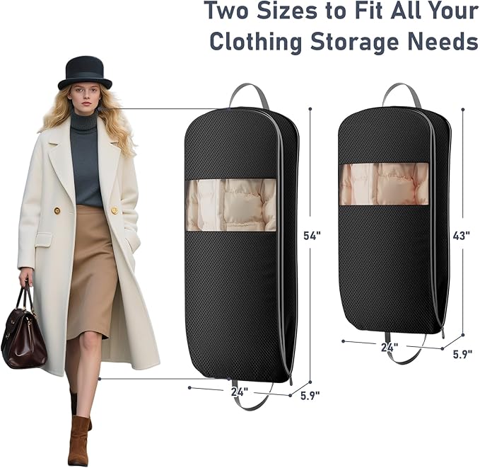 DIMJ 2 Pack 54" Space Saving Garment Bags for Hanging Clothes With Compression Zipper Carry Handles and Window, Washable Suit Bag for Dress, Clothes, Coats, Down Jacket, Closet, Moving, Travel
