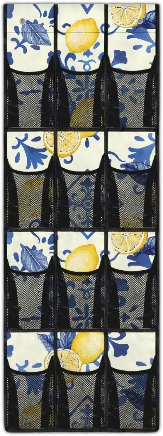 Lemon Over Door Shoe Organizer Easy to Install Behind the Door Storage 4 Shelf 12 Mesh Pockets Hanging Rack for Shoes and Accessories Multi-purpose Door Hanger Organizer