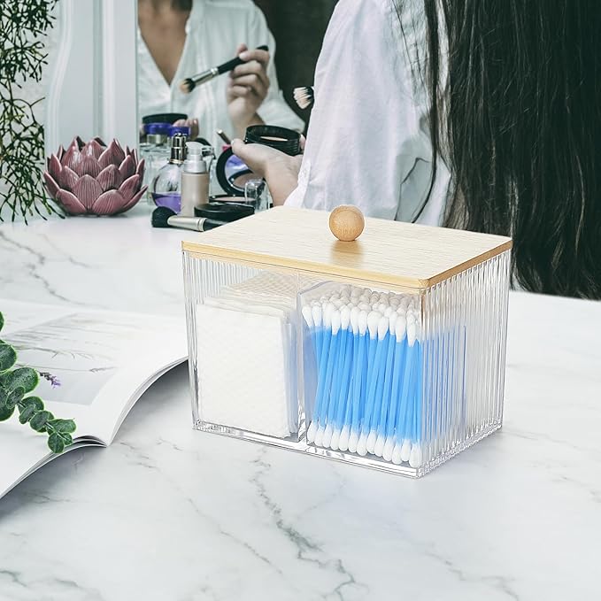 KIMCHOMERSE Qtip Holder Storage, Bathroom Cotton Ball Holder Canisters for Cotton Swab, Cottons Pad, Dental Floss Organizer, Hair Bands Container for Vanity Countertop -Clear