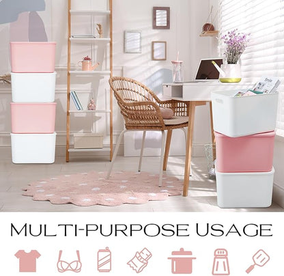 Hoolerry 8 Pieces Colorful Storage Bins with Lid, Plastic Storage Basket Organizing Container Stackable Box with Handle for Shelves Desktop Playroom Office(14.2 x 10.2 x 9.5 Inch,White and Pink)