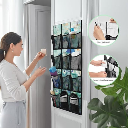 Over The Door Organizer Hanging, Behind The Door Storage, Closet Door Organizer with 12 Mesh Pockets for Bedroom,Peacock