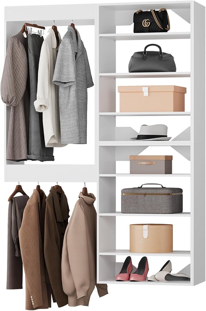 ROOMTEC Modular Closet System, 55" Wall-Mounted Closet Organizer with Hanging Rods and Shelves, Wooden Tower for Walk-In Closets, Wardrobe Storage Kit, White