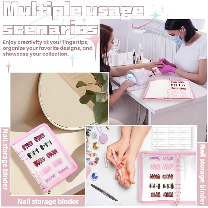 Press On Nail Storage Organizer with 4 Insert Pages - A5 Size Portable False Nail Storage Box for Collecting and Organizing Tips with Tape and Zipper Pocket (Pink)