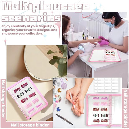 Press On Nail Storage Organizer with 4 Insert Pages - A5 Size Portable False Nail Storage Box for Collecting and Organizing Tips with Tape and Zipper Pocket (Pink)