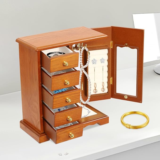 Wooden Jewelry Box, Jewelry Organizer with 5 Drawers, Large Storage Space Desktop Jewelry Storage Box with Anti-Slip Feet,for Organizing Necklaces, Bracelets, Earrings (Light Wood Color)