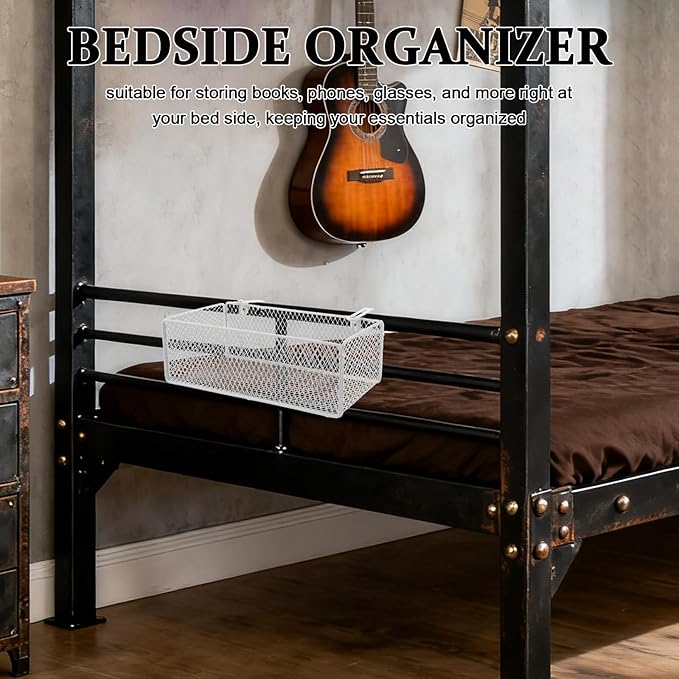 Bedside Organizer - White Bedside Hanging Wire Basket Organizer With Adjustable Hook Spacing - Dormitory Bed Storage Caddy For College Dorm Room Bunk Bed