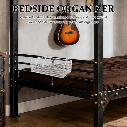 Bedside Organizer - White Bedside Hanging Wire Basket Organizer With Adjustable Hook Spacing - Dormitory Bed Storage Caddy For College Dorm Room Bunk Bed
