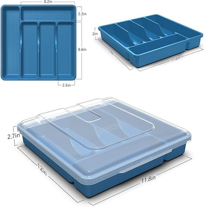 𝐅𝐥𝐚𝐭𝐰𝐚𝐫𝐞 𝐎𝐫𝐠𝐚𝐧𝐳𝐢𝐞𝐫 𝐰𝐢𝐭𝐡 𝐋𝐢𝐝, Plastic Silverware Tray for Drawer, 5 Compartments Utensil Holder for Countertop, Navy Blue
