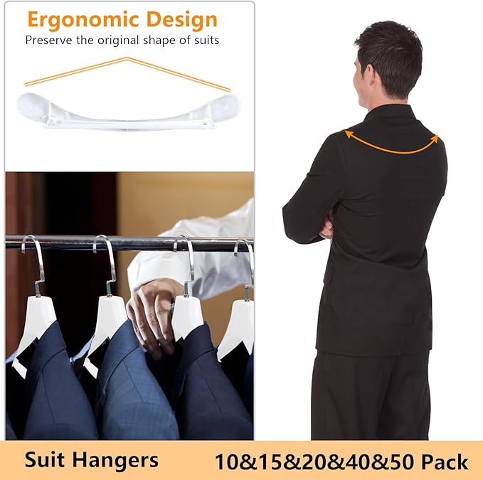 DEDU Suit Hangers for Men 10 Pack, White Coat Hangers Wide Non Slip Width 17.7", Thick Plastic with Pants Bar & Metal Hook