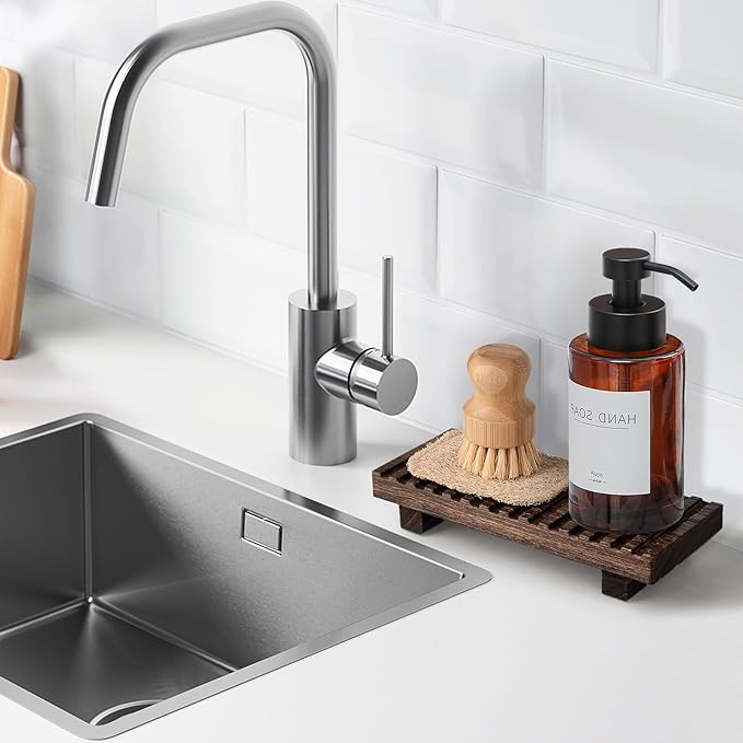 Bathroom Tray Rustic Farmhouse Bathroom Decor Wood Display Stand Riser Kitchen Soap Dish Holder for Vanity, Countertop, Sink, 8.6 * 3.6 Dark Brown