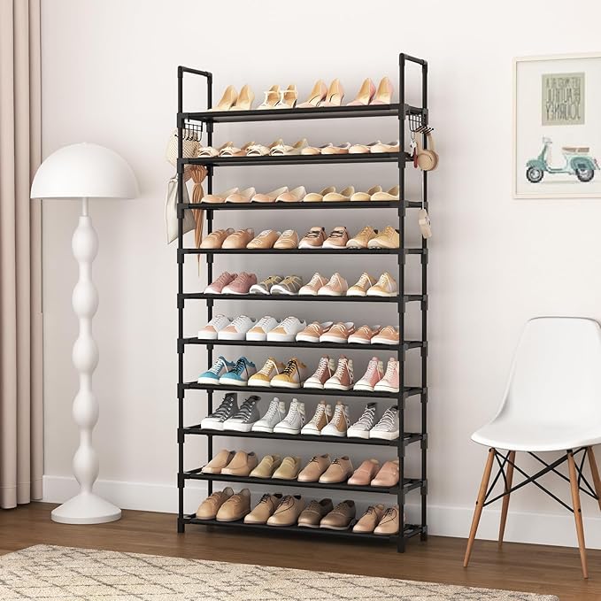 VTRIN 10 Tier Shoe Rack Tall Large Capacity Wide Shoe Organizer with Two Hooks Sturdy Metal Shoe Shelf for Entryway, Closet, Bedroom