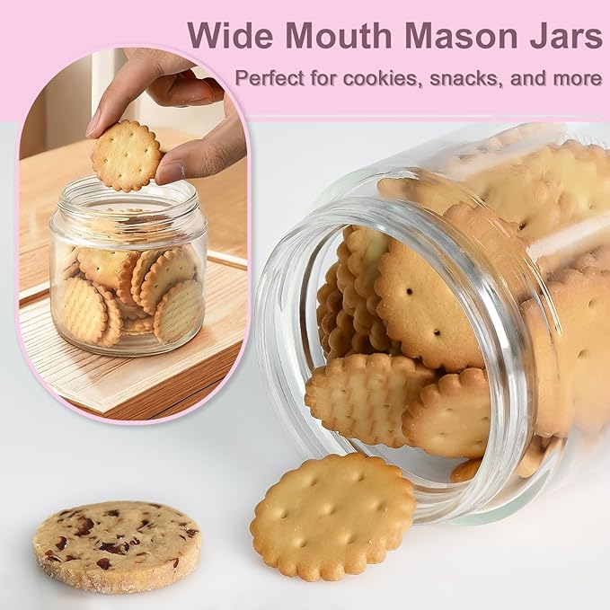 Overnight Oats Containers with Lids, 10oz Wide Mouth Mason Jars with Lids, 6 Pack Glass Jars with Airtight lid for Chia Pudding Yogurt Salad, Meal Prer Oatmeal Jars, Pink