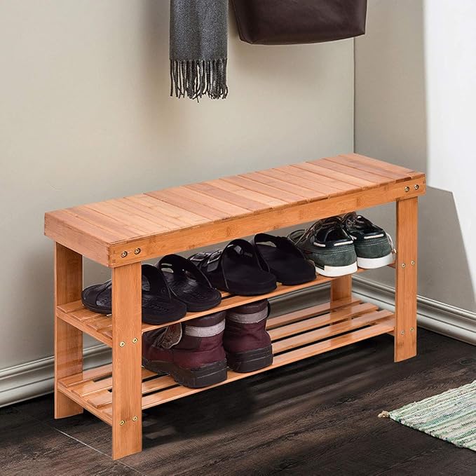 GOFLAME Shoe Bench Rack, 2-Tier Bamboo Seat Storage Shelf, Free Standing Shoe Storage Bench with Stylish and Modern Design, Shoe Organizer for Décor Entryway, Hallway, Living Room, Bathroom (Natural)