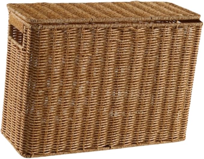 Nesting Rectangle Wicker Basket with Lid, Narrow and Tall Storage Box, Lightweight Decorative Storage Bin with Handle, Hand-Woven Magazine Holder for Bedroom Study Small Corner, S