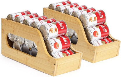 2 Pack Bamboo Can Organizer for Pantry, Soda Can Dispenser Rack Drink Holders Stackable Canned Goods Storage for Pantry Kitchen Cabinet Up To 30 Cans