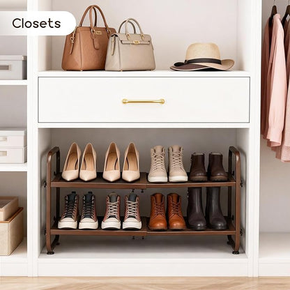 Expandable Shoe Rack for Closet - Shoe Organizer for Entryway, Adjustable Metal Shoe Storage, Stackable Long Shoe Stand Holder for Garage, Hallway, Door Entrance (Brown, 2 Tier)