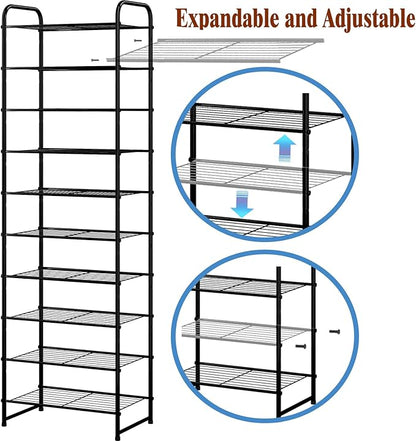 Ekisemio-10 Tiers Tall Shoe Rack Organizer for 20 Pairs Shoes, Expandable & Adjustable Shoe Storage Shelf, Wire Grid, Black