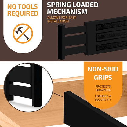 6-Pack Drawer Dividers 6 Inch High, 11”-17" Adjustable Bamboo Organizers Large Expandable Drawer Separators for Cloths, Dresser, Bedroom, Bathroom, Baby Drawer, Office & Kitchen Utensils (Black)