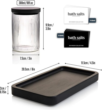 Mason & Fable Ribbed Glass Bathroom Jars & Tray Set | 10 fl oz, Set of 2 Storage Canister with Airtight Black Bamboo Lids | Cotton Pad/Swab/Q tip Holder/Bath Salt/Clear Vanity Apothecary Organizer