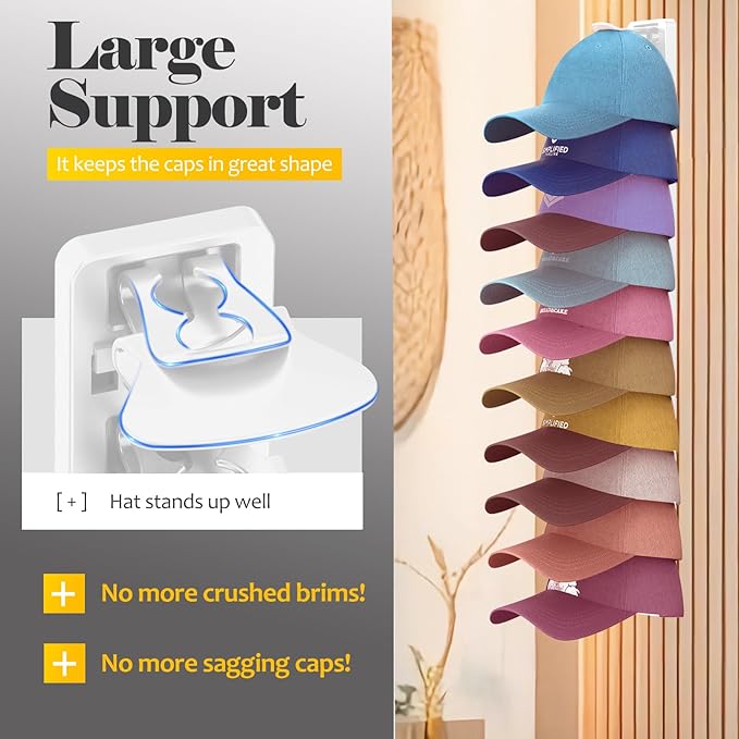 Hat Organizer for Baseball Caps 2 Pack, Adhesive Hat Rack for Wall, Baseball Cap Organizer (White)