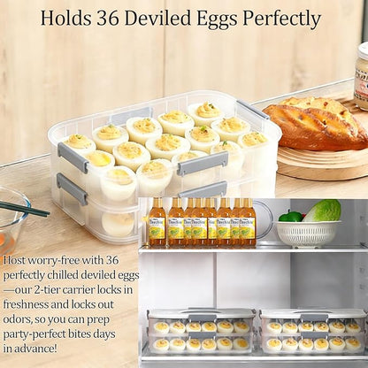 VitalYang Deviled Egg Container with Lid, Double Layer Egg Container, 36 Count Deviled Egg Tray- Secure Lock & Handle, Stackable, Leak-Proof Design for Parties & Catering, White