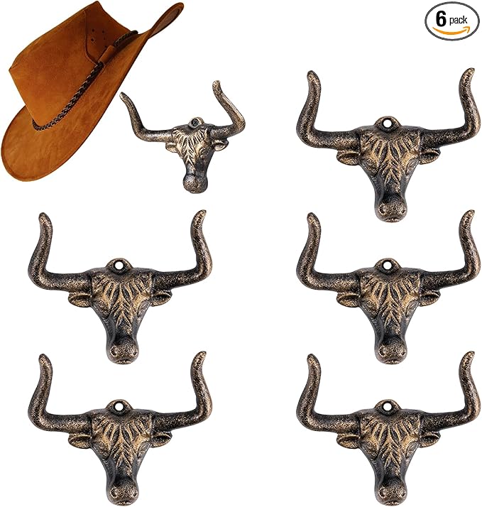 Cowboy Hat Rack for Wall,6 Pack Modern Metal Cast Iron Cowboy Hat Holder Cowgirl Hat Hanger Western Wall Decor Hat Hooks