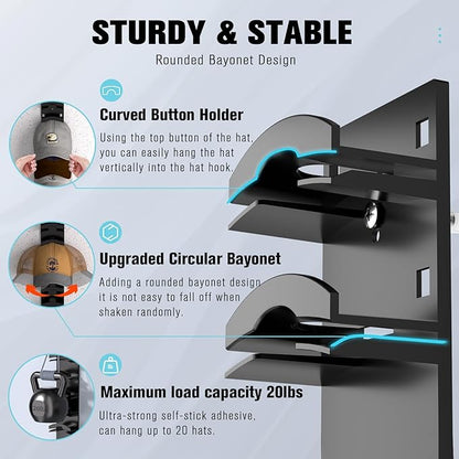 Hat Organizer for Baseball Caps, Hat Rack for Wall with Strong Adhesive Hold up to 10 Hats, Hat Hanger Holder Display for Door Closet, Cap Organizer Storage Multilayer Two Mounting Option(Black)